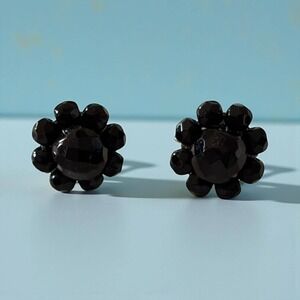Vintage Black Faceted Cluster Screw Back Earrings Mid Century Glass Floral